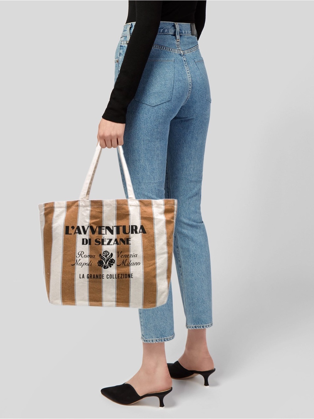 Sézane L'Aventura Camel Striped Cotton Canvas Tote Bag